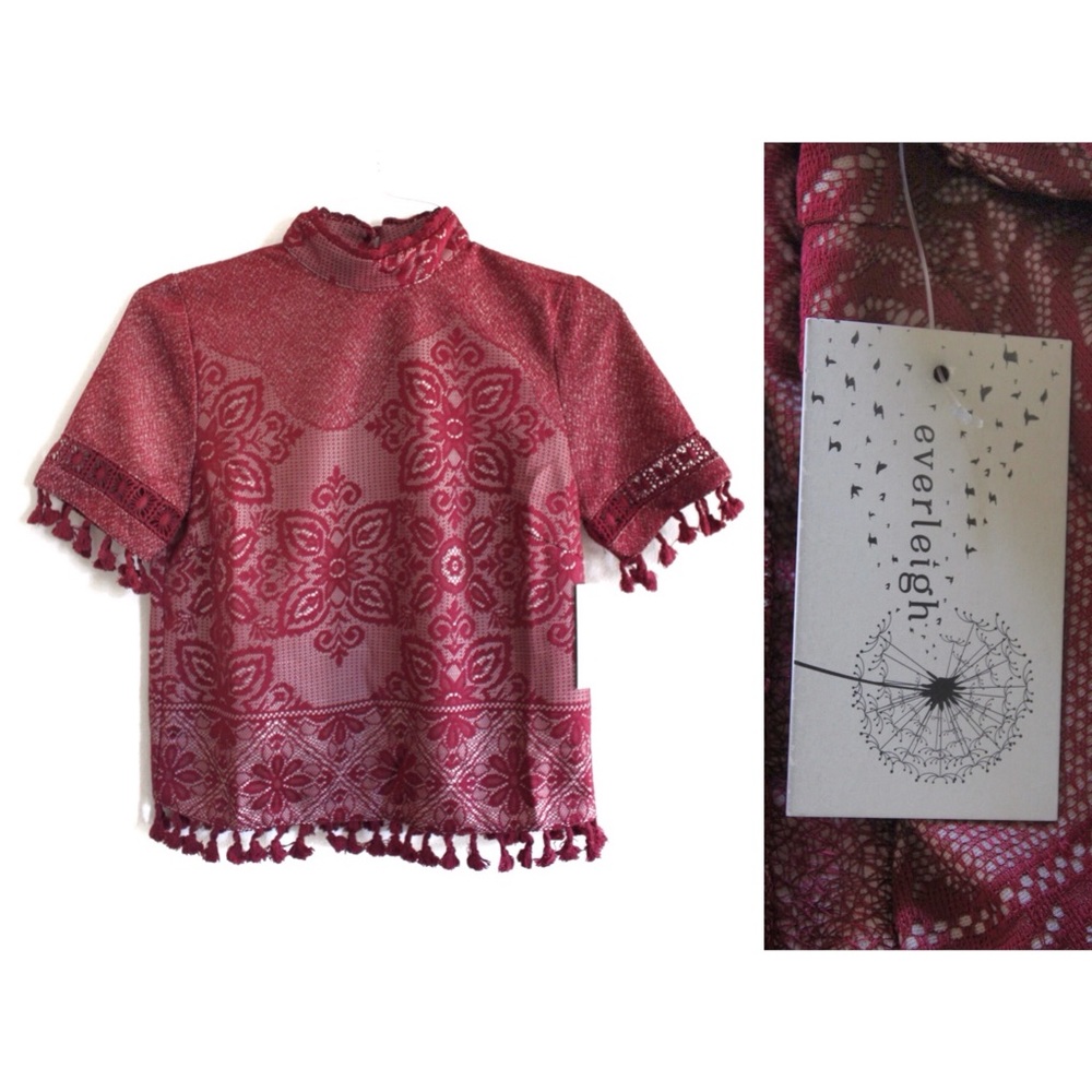 Everleigh Boho Pom Fringe Lace Short Sleeve Top S